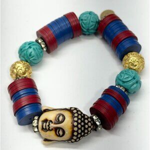 Vintage record bead rhinestone Buddha stretch bracelet